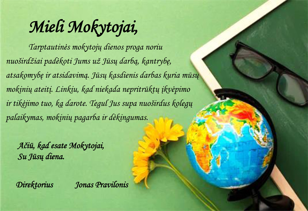 Sveikinimas Tarptautinės mokytojų dienos proga